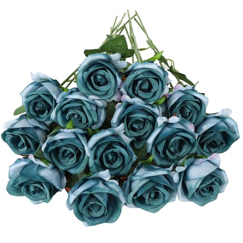 Ovveroche 80 Pcs Artificial Roses Long Stem Silk Flower Gradient Dusty Blue - Fake Rose Petals Realistic Look Bridal Bouquet Centerpieces Home Party Table Decor Romantic Gift