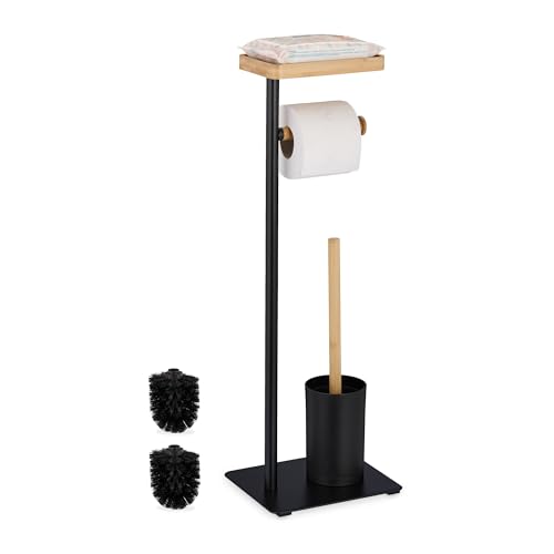 Relaxdays WC Set, Bamboo, Stainless Steel, Free-standing, incl. 2 Spare Heads, Toilet Roll & Brush Holder, Matt Black