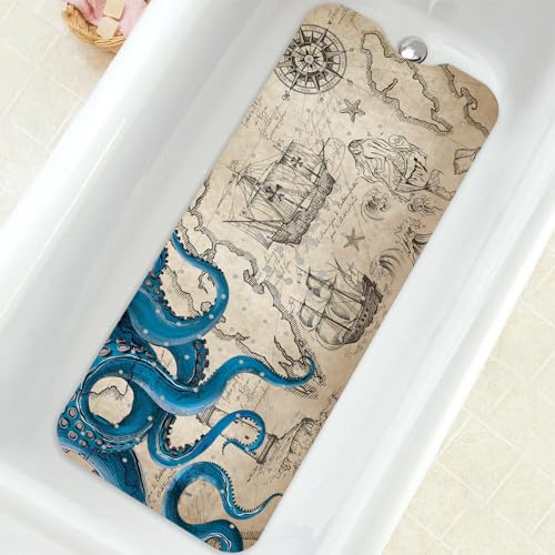 "Extra Long Non Slip Bath Mat with Suction Cups and Drainage Holes for Adults and Kids Elderly 40""x16"""