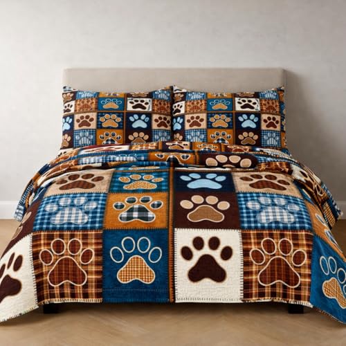 WHWODIDE Dog Paw Patchwork Quilt Set Queen 3 Pcs Brown Navy Blue Bedspread Comforter Soft Lightweight Microfiber Bedding Set with 2 Pillow Shams for All Season (Dog Paw, Queen)