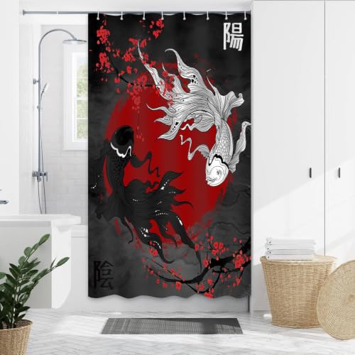 DLTAY Japanese Koi Fish Stall Shower Curtain, 48x72 in Narrow Small - for Stand Up Shower, Koi Fish Yin Yang Pattern Design, RV Camper Bathroom Decor, Waterproof Polyester Fabric, Plastic Hooks