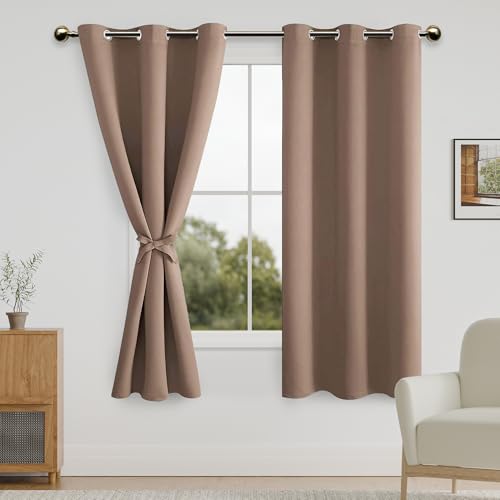 DWCN Blackout Curtains for Bedroom with Tiebacks Accessories - Room Darkening Privacy Grommet Top Window Curtains for Living Room, 42 x 63 inch Length, Cappuccino, Set of 2 Panels