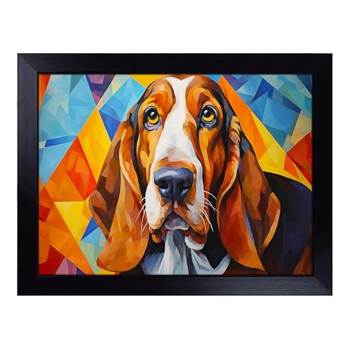 Lap Tray with Bean Bag Cushion, Basset Hound Geometric - Handmade in the UK, Raised Wooden Edge, Padded Cushion, Heat-Resistant Wipe-Clean Surface, for Meals, Laptops and Crafts