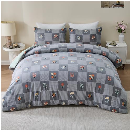 GC GAVENO CAVAILIA Checkered Pattern Double Bedding Set with Matching Pillowcases - Easy Care Reversible Floral Comforter Bedding Set - Super Soft Touch Polyester Long-Lasting Bed Linen, Charcoal