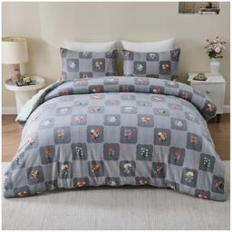GC GAVENO CAVAILIA Checkered Pattern Double Bedding Set with Matching Pillowcases - Easy Care Reversible Floral Comforter Bedding Set - Super Soft Touch Polyester Long-Lasting Bed Linen, Charcoal