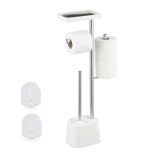 Relaxdays toilet set, HWD: 65.5 x 29 x 11 cm, freestanding toilet roll holder with brush, spare holder, shelf, white