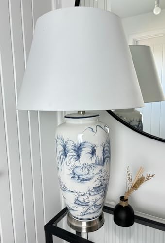 DOWNTON INTERIORS Large White Chinese Oriental Ceramic Porcelain Table Lamp Blue Landscape Pattern Overall Height 68cm G2110 (White Plain Shade)