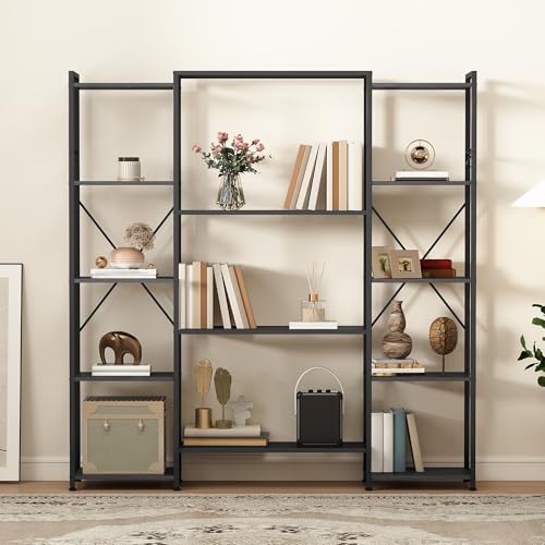 DWVO Industrial Standing Bookcase, Wooden Standing Shelf and Metal Frame, Display Shelf for Living Room with 13 Shelves, Home Office, Pure White