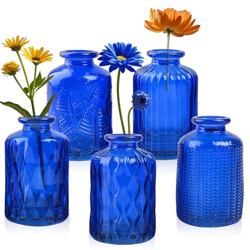 ELEGANTTIME Cobalt Blue Glass Bud Vase Small Flower Vase Mini Bottle with Cork Wire Handle Design Perfect for Deco Cafes, Office Table, Home and Garden(Set 5)