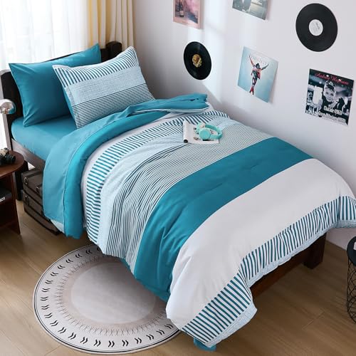 Cottolester Kids Comforter Sets for Boys&Girls,Teal Striped Comforter Set Twin Size,Classic Bedding Sets for Teen,Simple Neutral-Style Comfortable Bedding Set