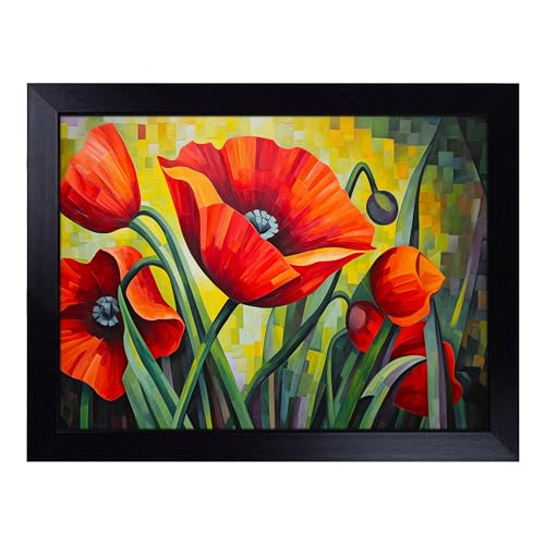 Lap Tray with Bean Bag Cushion, Poppy Flower Cubism - Handmade in the UK, Raised Wooden Edge, Padded Cushion, Heat-Resistant Wipe-Clean Surface, for Meals, Laptops and Crafts