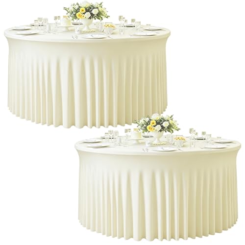 GALLETY 2 Pack Ivory Round Tablecloth for 5FT Tables, 120 inch Fitted Spandex Table Cloth with Skirt, Wrinkle Free Stretchy Circular Table Cover for Wedding, Party, Banquet, Event & Vendor Display