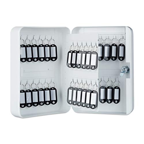 Relaxdays Metal Key Cabinet, Lockable, 48 Hooks with Key Tags, HWD 25x18x7.5 cm, White