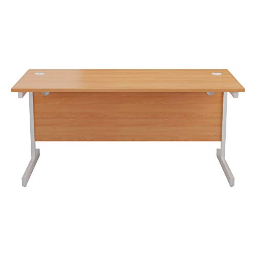 Office Hippo Heavy Duty Rectangular Cantilever Desk, Home Office Table + Integrated Cable Ports, PC Desk For Office or Home, 5 Yr Wty - White Frame/Beech Top, 140cm x 80cm