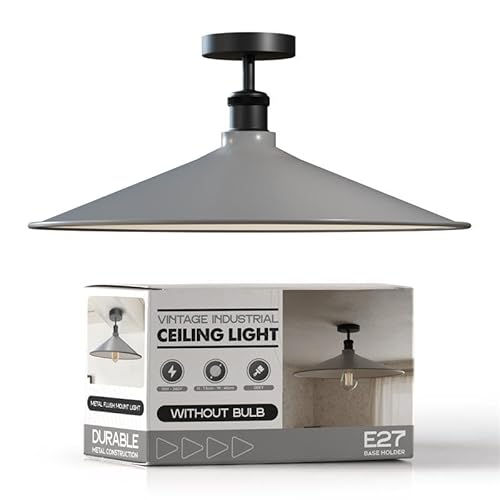 LEDSone Vintage Ceiling Light, Farmhouse Semi Flush Mounted E27 Base Industrial Chandeliers Grey Lampshade LED Ceiling Lighting Fixture for Living Room Kitchen Bedroom [Energy Class A]