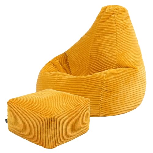 icon Dalton Kids Bean Bag and Footstool, Ochre Yellow, Cord Kids Bean Bag Chair with Filling Included for Girls and Boys, Childrens Chair, Beanbags for Children, Playroom Décor, Bedroom Accessories