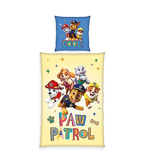 Herding Paw Patrol Bed Linen Set, Pillowcase 80 x 80 cm with Zip and Reversible Motif, Duvet Cover 135 x 200 cm, with Zip, 100% Cotton/Renforcé