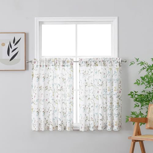 Chyhomenyc Roman Cafe Curtains 24 Inch Length, Linen Blend Textured Small Half Window Curtain, Leaf Floral Printed Light Filtering Short Curtains for Kitchen Bathroom, 28Wx24L inches, 2 Panels