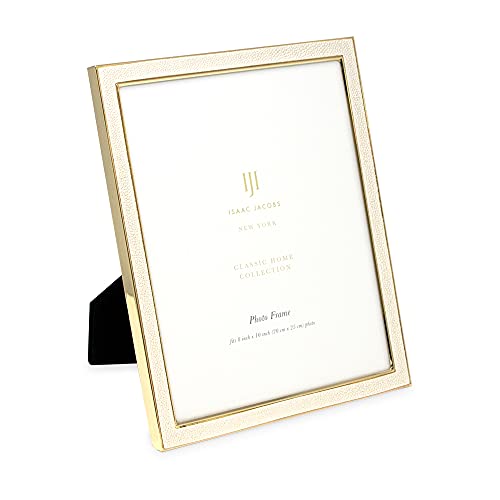 Isaac Jacobs 8x10 White Leather with Gold Metal (Vertical & Horizontal) Picture Frame, Shagreen Border w/Black Fabric Easel, Wall-Mountable, Made For Tabletop, Photo Gallery (8x10, White W/Gold)