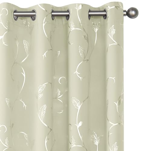BUHUA Blackout Curtains Gold Foil Print Flower Vine Grommet Drapes, Room Darkening Thermal Insulated Curtains, Noise Reducing Curtain for Bedroom, Teal Blue, 52Wx84L, 2 Panels