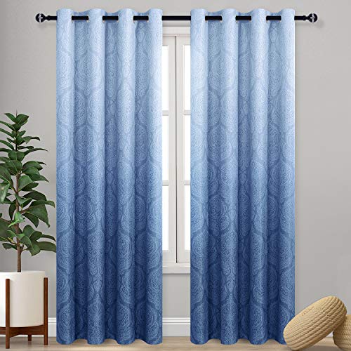 DWCN Ombre Blackout Curtains for Bedroom - Damask Patterned Thermal Insulated Energy Saving Grommet Curtains for Living Room, Set of 2 Gradient Window Curtain Panels, 52 x 84 Inches Long, Navy Blue