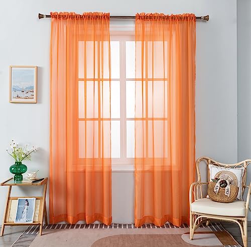 "WPM Orange Color Sheer Curtains 58"" Wide x 108"" Long 2 Panels Livingroom Window Treatment Rod Pocket Sheer Voile for Bedroom, Kitchen, Childrens Room Fully Stitched and Hemmed"