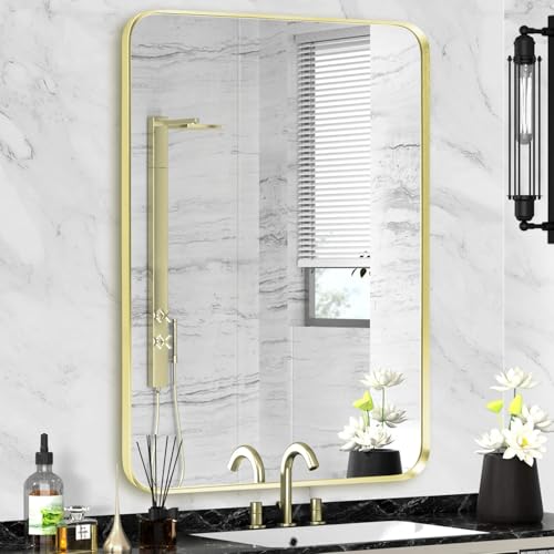 "Minuover Wall Mount Mirror for Bathroom, Brushed Gold Metal Framed Rounded Corner Rectangular Vanity Mirror, Tempered Glass (28"" x 36"", Gold)"