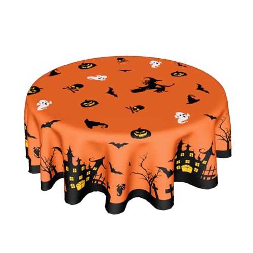 Kawani Halloween Tablecloth Round 60 Inch Orange Table Cloths Halloween Bat Castle Decorative Table Cover Durable Table Cloth Round Cover for Kitchen Dining Room Holiday Tablecloth for Dinner Party