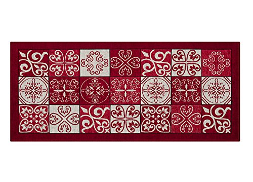 BIANCHERIAWEB Non-Slip Washable Kitchen Rug, Kitchen Runner Size 55x80 cm, Kitchen Rug Made in Italy with Red Majolica Design, Washable and Iron-on Runner Rug