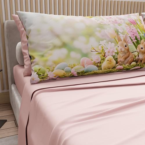 PETTI Artigiani Italiani - Easter Cotton Sheets with Pillowcases in Digital Print, Double Maxi, Complete Top and Bottom Sheet with Corners, 10 Powder, Made in Italy