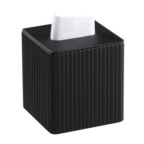 MEIBOOCH Tissue Box Cover Stylish PU Leather Square Tissue Box Holder with Magnetic Bottom for Bathroom Bedroom or Office (Black Stripe)