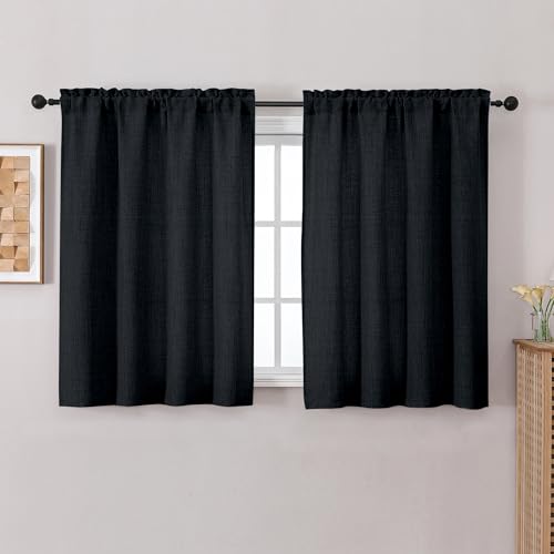 Chyhomenyc Black Kitchen Curtains 45 Inch Length 2 Panels, Light Filtering Textured Short Curtains, Soft Airy Window Treatment Rod Pocket Curtain for Living Room Bedroom, 30Wx45L Inch