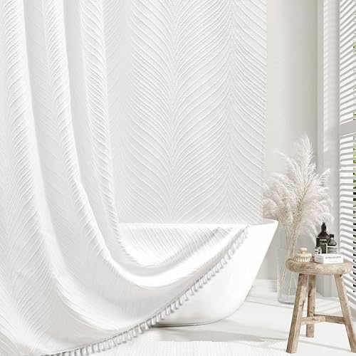 "Siiluminisoy White Boho Shower Curtain Fabric - 72""x72"" White Cloth Shower Curtain with 12 C-Hooks, Elegant Cute Textured Bathroom Shower Curtains Boho Chic"