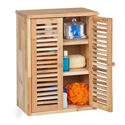 Relaxdays Bathroom Cabinet, Walnut Wood, HxWxD: 46.5 x 35 x 21 cm, Panelled Doors, 3 Shelves, Kitchen Storage, Natural