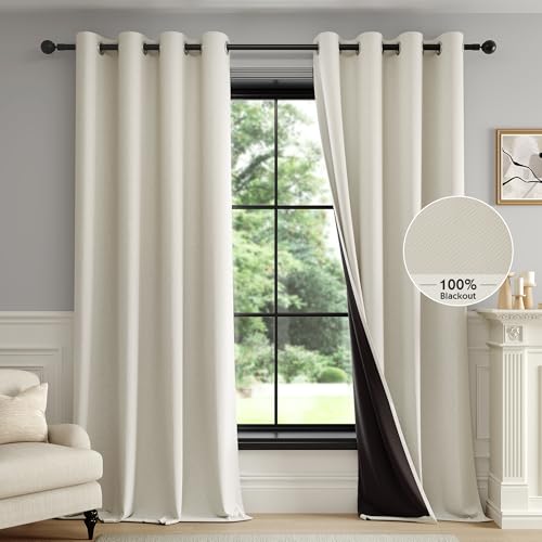 FMFUNCTEX 100% Beige Blackout Curtains for Bedroom, Cream Weave Textured Curtains 84 Inches Long Thermal Insulated Curtains for Living Room, Farmhouse Drapes Grommet Room Darkening 2 Panels