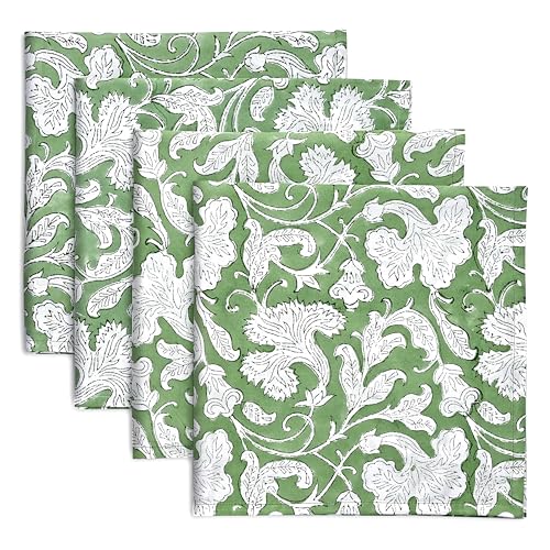 "Ridhi Sage Green Hand Block Print 100% Cotton Napkins 18"" x 18"" (Set of 4) Reuseable Kitchen Napkins Cloth Decor Dinner Party Wedding Cocktail Gift for Spring, Easter, Valentine"