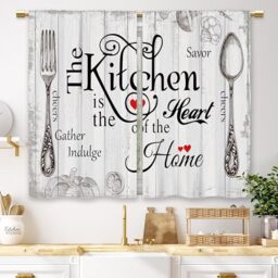Laifzere Farmhouse Rustic Kitchen Curtains Wooden Wood Small Short Cafe Window Curtains Vintage Fork Spoon Retro Rod Pocket Bathroom Living Room Bedroom Window Drapes Treatment 2 Panels (27.5x39 Inch)