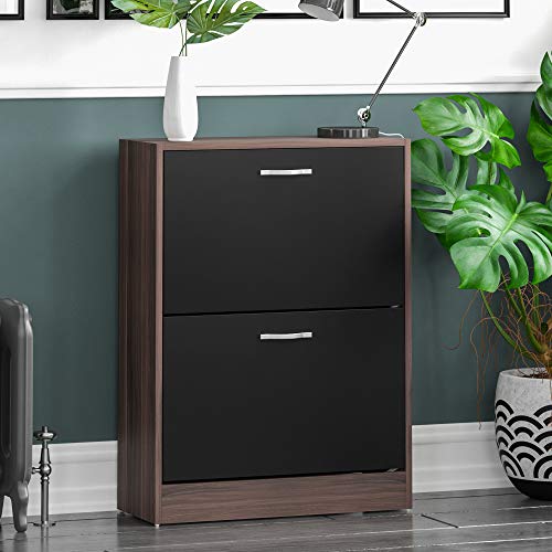 Vida Designs Shoe Cabinet, Wooden Shoe Storage Unit with 2 Pull-Down Drawers, Multifunctional Dust-Proof Space-Saving Slim Cupboard for Hallway or Entryway (Walnut & Black)