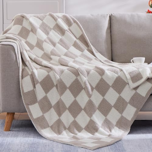"WRENSONGE Checkered Throw Blanket, Taupe Soft Cozy Fluffy Warm Hand Made Throw Blankets for Couch, Sofa, Chair, Bed, Camping, Picnic, Travel Lightweight Bed Blanket - 60""*80"""