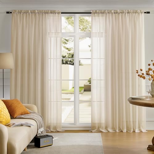 "Extra Wide Sheer Curtains Taupe 84 Inches Long, Window Treatments Rod Pocket Volie Drapes for Living Room/Bedroom, 108 IN Width Semi Outdoor Curtain Panels for Patio, Lawn, Garden, 108""x 84"", 2 Panels"