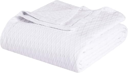 Superior Diamond Weave Blanket, 100% Cotton Cover for Home, Couch, Bed, Soft, Warm Blankets, Boho Aesthetic, Comfy, Cozy, and Cute Covers, Decorative Bedding Essentials, King, White