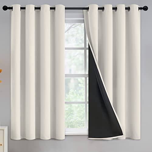 Yakamok 100% Blackout Curtains for Bedroom, Full Light Blocking Drapes with Black Backing, Thermal Insulated Energy Saving Solid Grommet Panels for Living Room, 52Wx54L,Cream,2 Panels