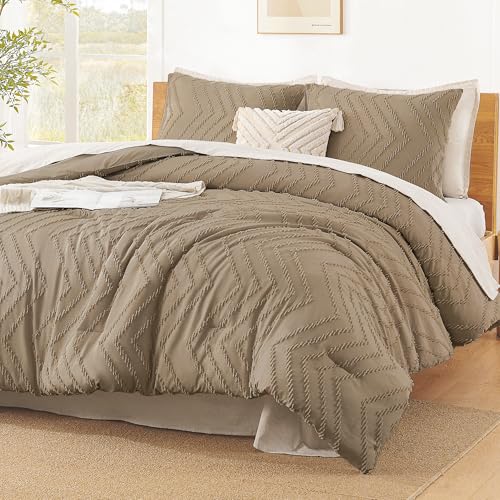 Litanika Taupe King Size Comforter Set, 3 Pcs Boho Tufted Bedding Set - Neutral Lightweight Fluffy Chevron Textured Bohemian Bedding Set Gift Choice