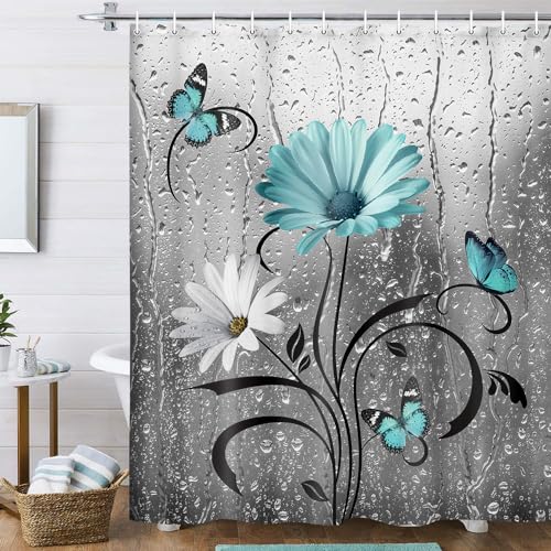 Uokiuki Rustic Teal Floral Boho Shower Curtain, Country Farmhouse Daisy Flowers and Butterfly Shower Curtain for Bathroom, Turquoise Blue Grey Gray Surreal Bathroom Curtain with 12PCS Hooks, 70X70IN
