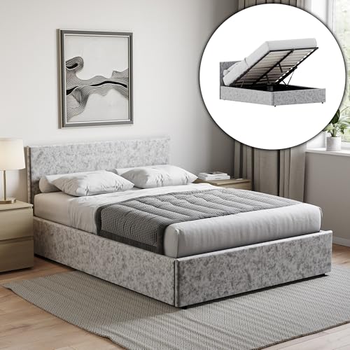 Vida Designs Veronica King Size Ottoman Bed – 5ft Bed Frame with Modern Lift-Up Storage, Upholstered Fabric Headboard, Silver Velvet, Bedroom Furniture (UKFR Certified)