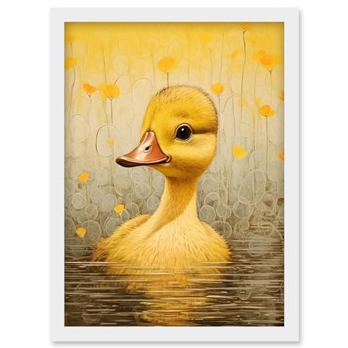 Artery8 Yellow Duckling Kids Bedroom Baby Nursery Calm Elegant Artwork Framed Wall Art Print A4