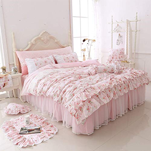 LELVA Romantic Roses Print Duvet Cover Set with Bed Skirt Pink - Main Image
