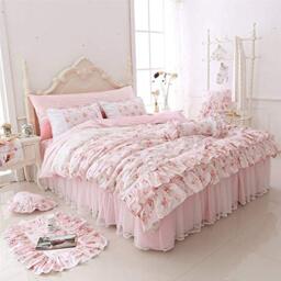 LELVA Romantic Roses Print Duvet Cover Set with Bed Skirt Pink Lace Ruffle Floral Shabby Chic Bedding Sets Queen 4 Piece