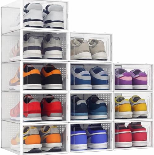 abes 12 Pack Shoe Storage Boxes, Clear Plastic Stackable Shoe Organizer Bins, Drawer Type Front Opening Shoe Holder Containers