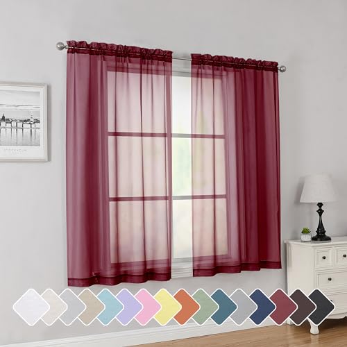 Simplebrand Rod Pocket Top Solid Voile Sheer Curtains for Bedroom, 54 Inch Length Drapes Set of 2, Lightweight and Light Filtering Elegant Red Curtains Panels Window Treatment, 42W×54L, Burgundy